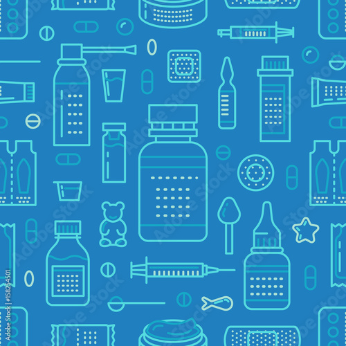 Medical, drugstore seamless pattern, pharmacy vector colored background of blue color. Medicines antibiotics, vitamins, painkillers, pills. Healthcare cute repeated illustration for hospital.