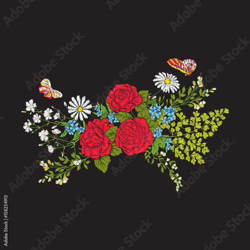 Embroidery. Bouquet with roses and daisies.