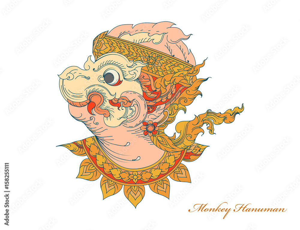 Colors monkey hanuman,Thai art pattern vector hand drawing on a white  background Stock Vector | Adobe Stock
