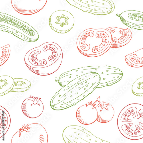 Tomato cucumber graphic red green color sketch seamless pattern illustration vector