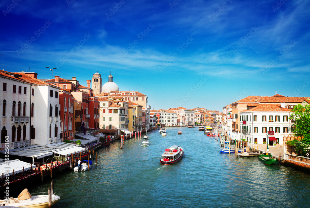 cityscape of Venice - Grand canal with boats at sunny day, Venice, Italy, retro toned