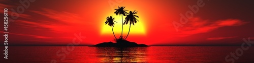 Beautiful island in the ocean at sunset of the day with three palm trees  sunset at the sea  3d rendering