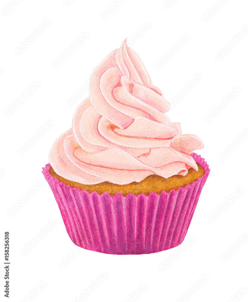 Watercolor capcake with pink cream Watercolor capcake with pink cream