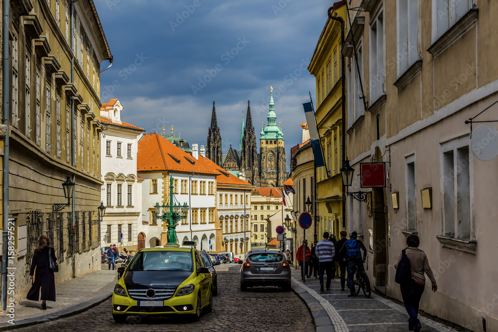 View to Hradcany and the church of St. Vitus from Loteranska street. Area of the Old Town. Prague, Czech Republic.