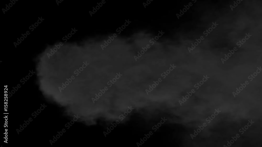 Animated locomotive's thick and dark smoke against black background in 4k. Mask included. Smoke is drifting to the right side as if train is moving with high speed. Top camera view.