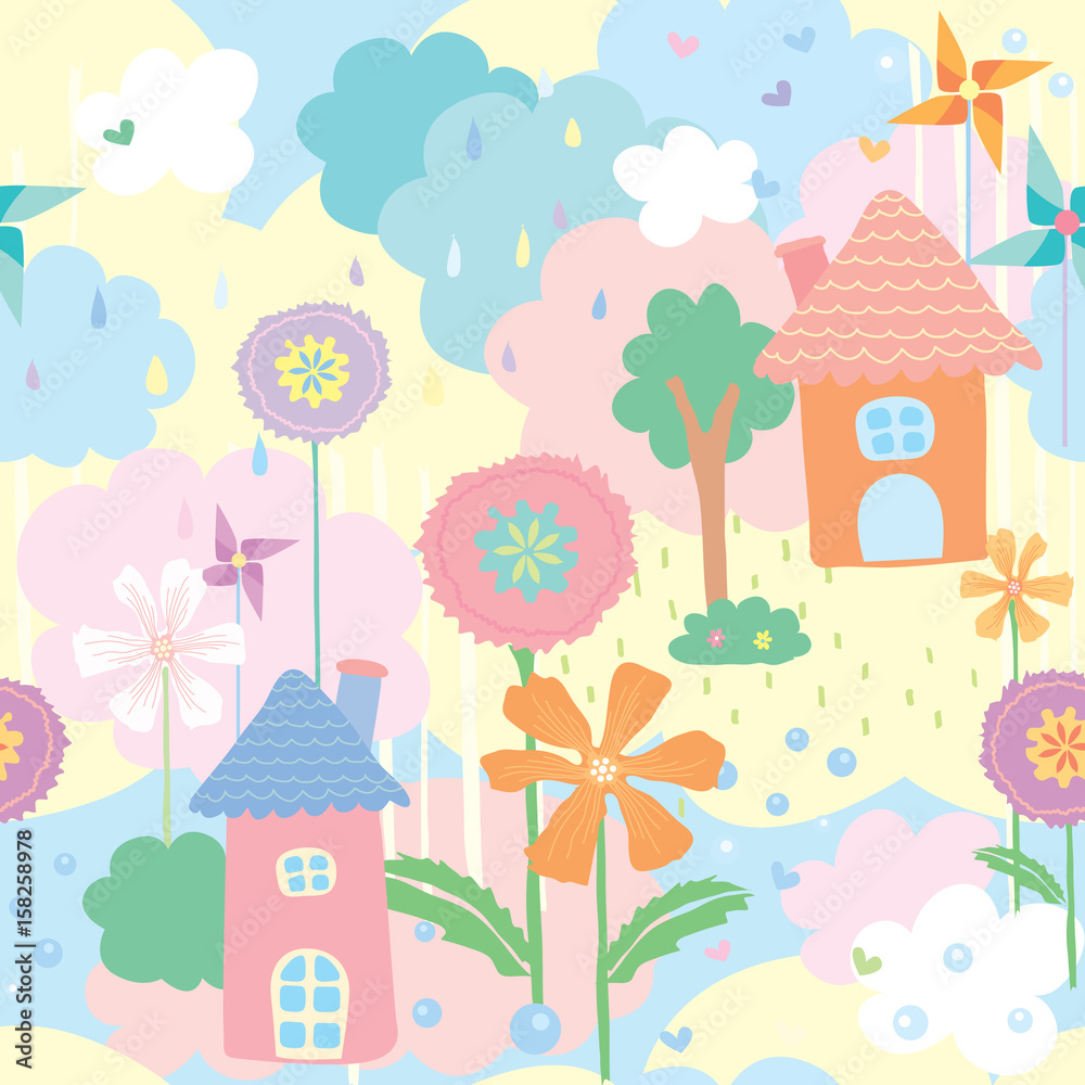 Seamless pattern wallpaper of house, flower and tree decorated with pinwheel on natural background in pastel colors.