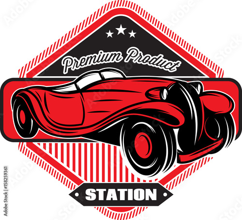 Black badge with red retro car and inscriptions