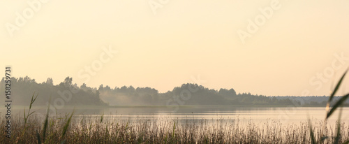 Panoramic view of the shore of the forest lake in the fog © Любовь Фомина