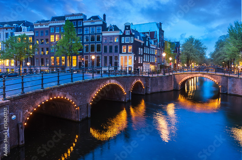 Photography Bridge Blue hour arch over canal in Amsterdam Netherlands.