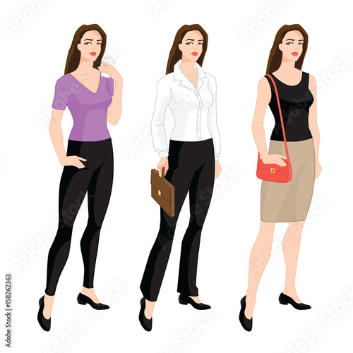 Vector illustration of woman character in different clothes for office and everyday