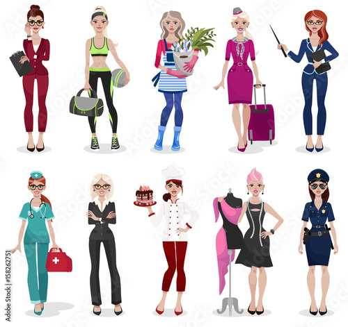 Set of different professions: doctor, teacher, fashion designer, florist, police officer, businesswoman, chef, stewardess, fitness trainer, secretary. Vector illustration isolated on white background.