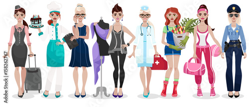 Set of different professions: doctor, fashion designer, florist, police officer, chef, stewardess, fitness trainer, secretary. Vector illustration isolated on white background.