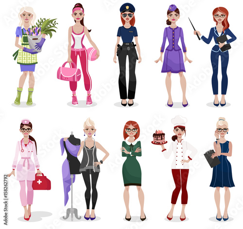 Set of different professions: doctor, teacher, fashion designer, florist, police officer, businesswoman, chef, stewardess, fitness trainer, secretary. Vector illustration isolated on white background.