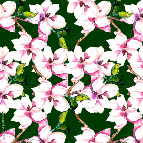 Watercolor magnolia, seamless pattern