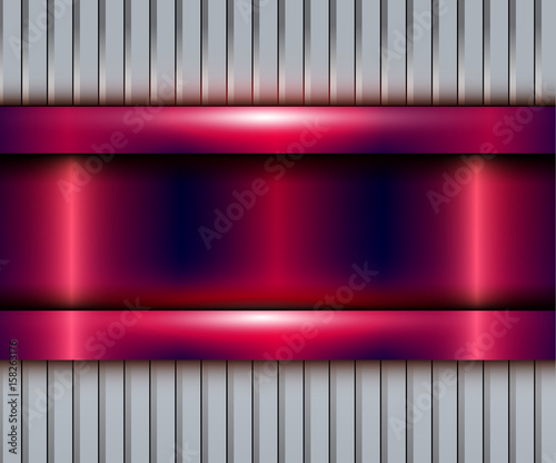 Background purple metallic banner over striped pattern, vector polished metal