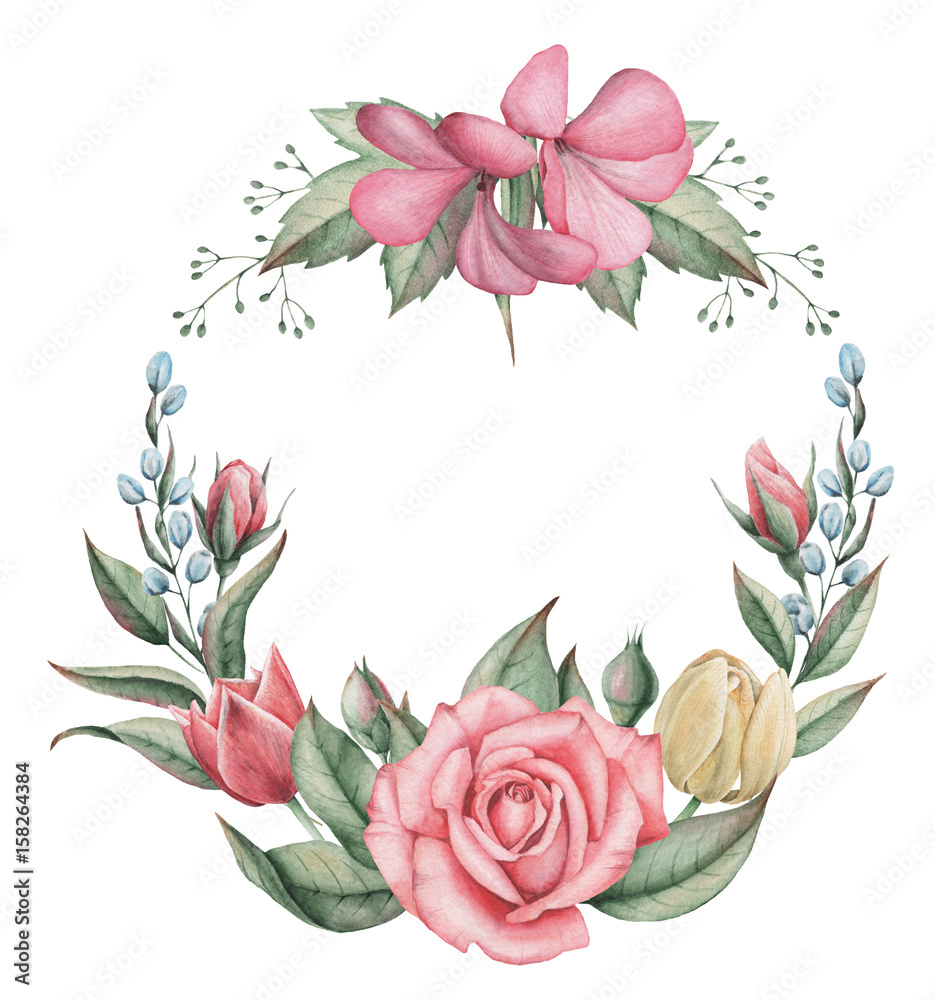 Hand painted watercolor charming combination of Flowers and Leaves, isolated on white background Hand painted watercolor charming combination of Flowers and Leaves, isolated on white background