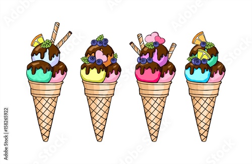 Set of vector doodle ice cream in a waffle horn with orange, chocolate and mint. Hand drawn illustration.