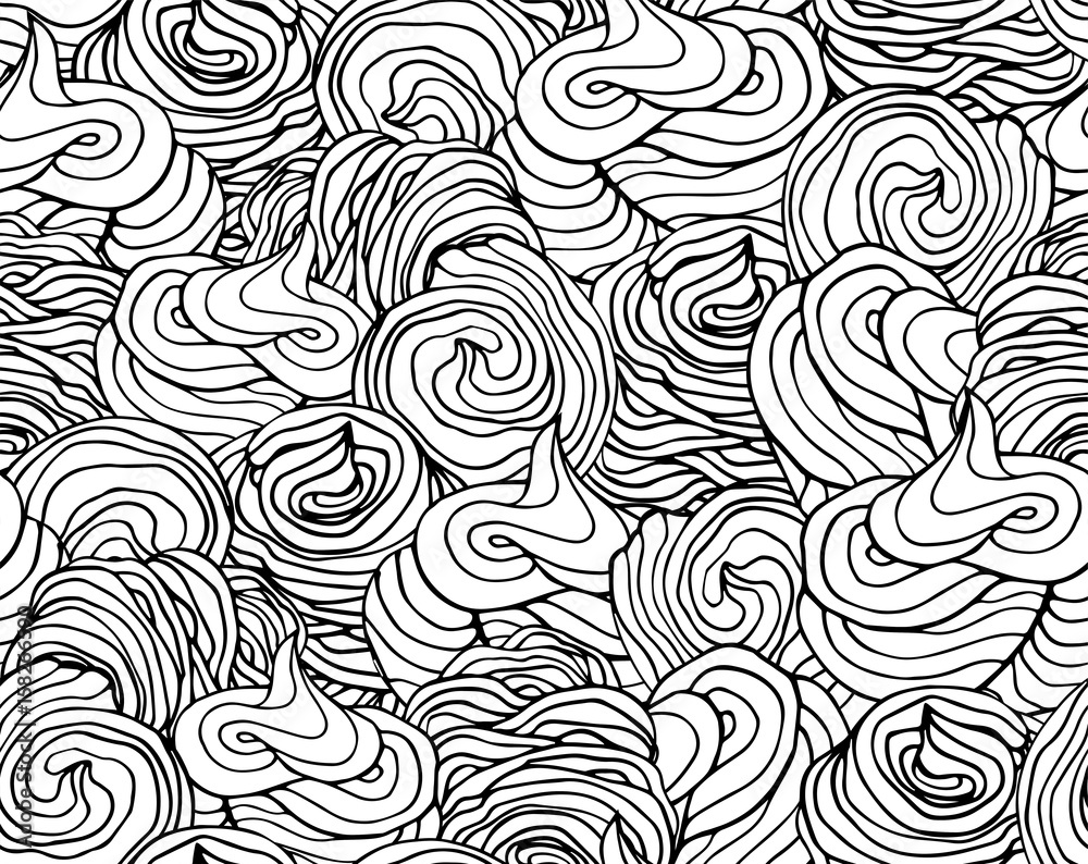 Seamless black and white doodle pattern with desserts. Hand drawn illustration for coloring book