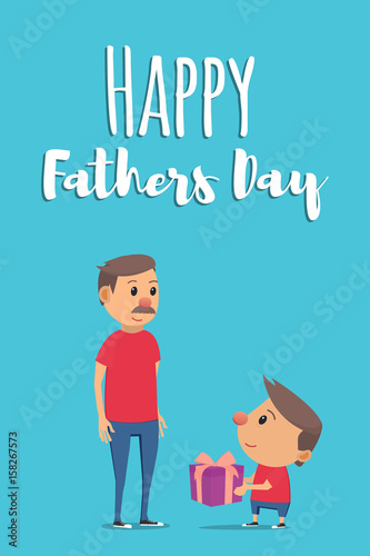 Happy Fathers Day. Son gives father gift. Vector illustration in flat style