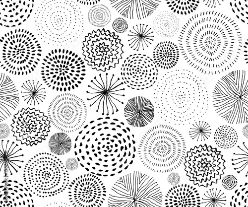 Vector seamless pattern with ink circle textures. Abstract seamless background with fireworks.
