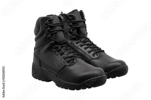 Black military leather boot isolated on white