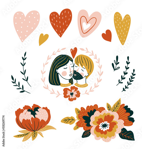 Hand drawn vector love set with couple, hearts and flowers for Valentine's day. Stylish decor for romantic card isolated on the white background.