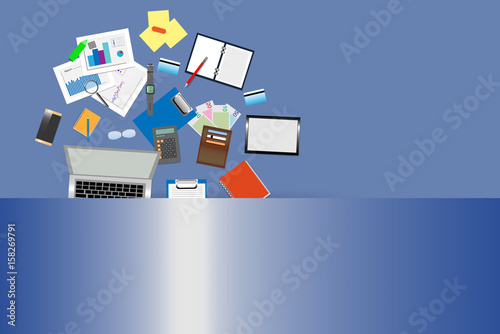 Falling business objects on the blue gradient background.