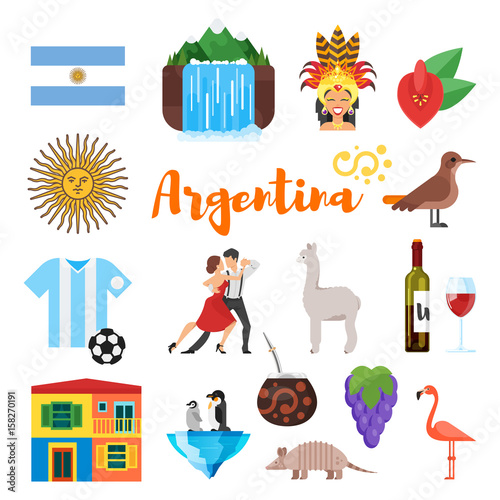 Vector flat style set of Argentina national cultural symbols.