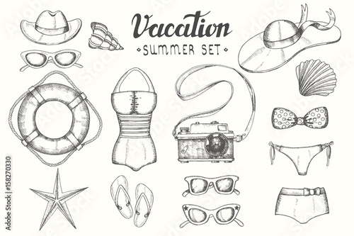Summer set with hand drawn doodle vintage objects. Sketch, lettering. Vector hat, sunglasses, flip flops, swimsuit, camera, shell, lifebuoy.
