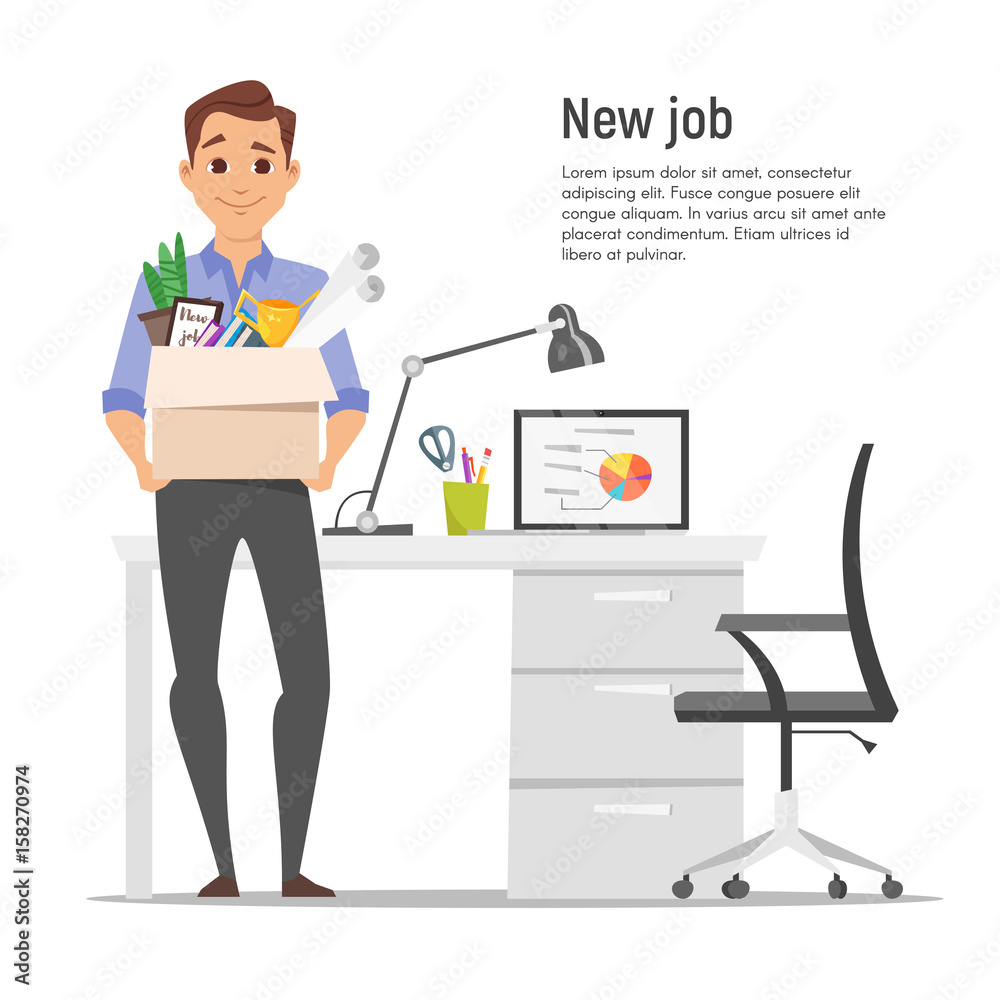 smiling businessman holding cardboard box with work stuff on a new workplace. smiling businessman holding cardboard box with work stuff on a new workplace.