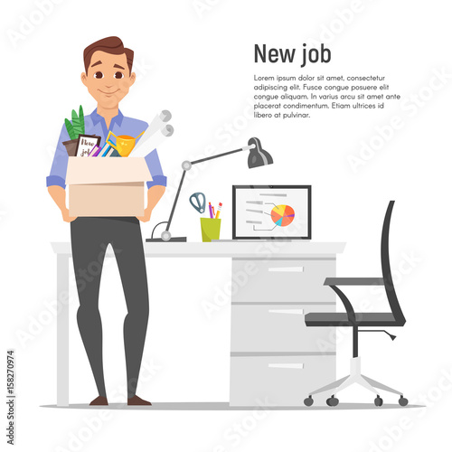 smiling businessman holding cardboard box with work stuff on a new workplace.