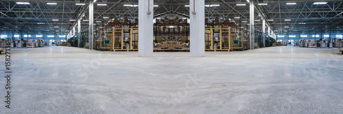 Typical storage, warehouse interior. Modern industry and logistic business concept. Selective focus. Wide panoramic collage image.