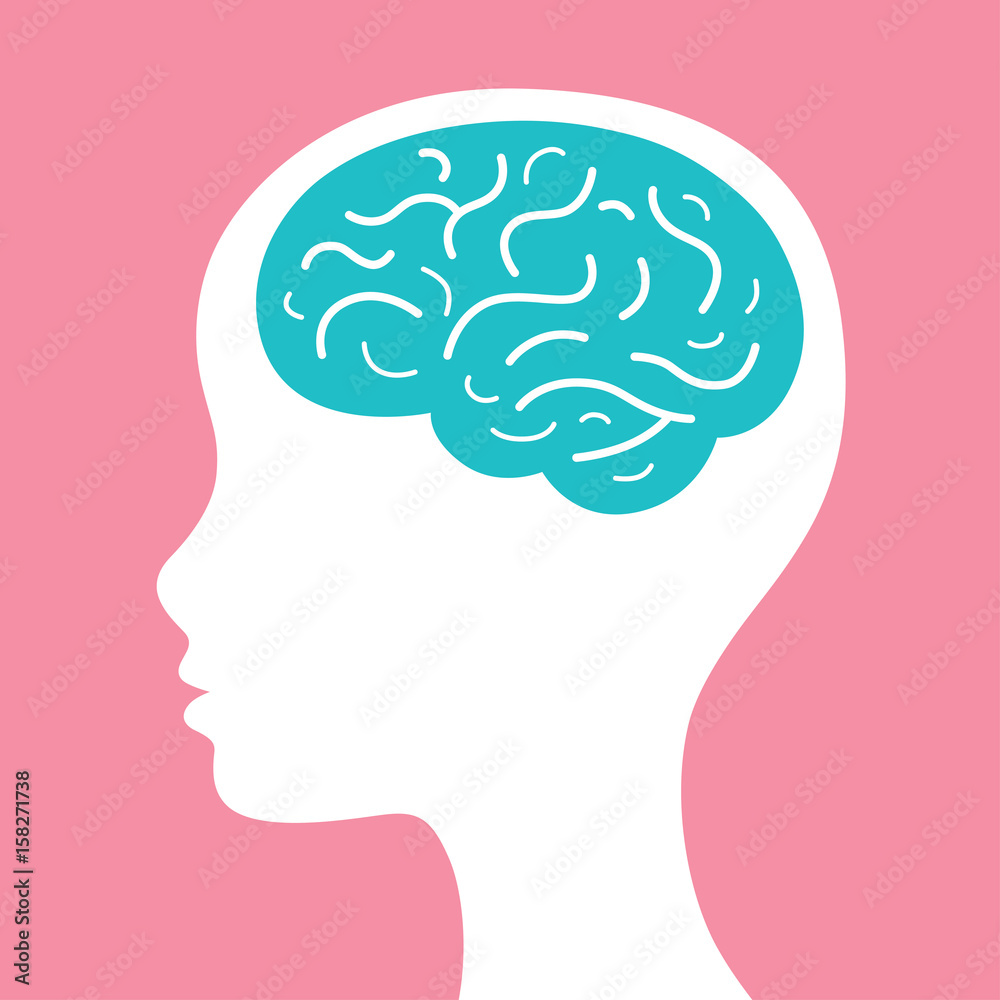 Female head with brain icon. Female head with brain icon.