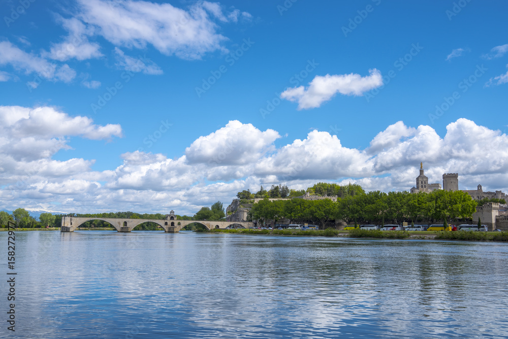 Pont d'Avignon, Rhone river, Palace of Popes - Palais des Papes - in Avignon, France, UNESCO World Heritage Site