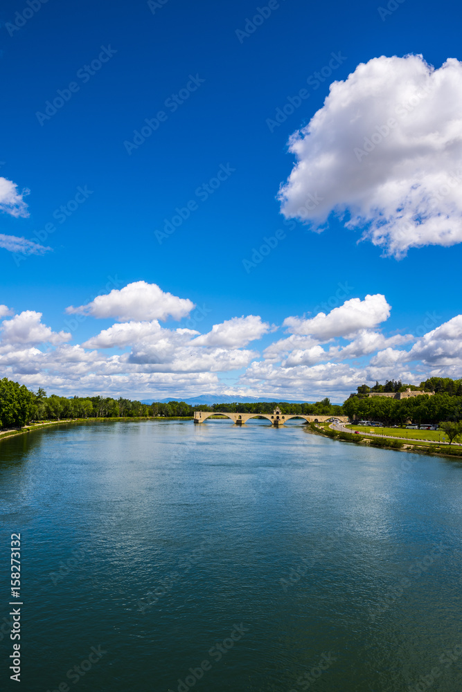 Pont d'Avignon, Rhone river, Palace of Popes - Palais des Papes - in Avignon, France, UNESCO World Heritage Site