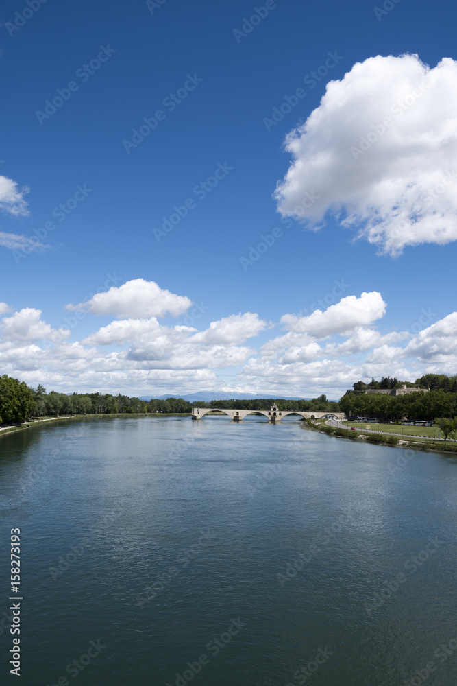 Pont d'Avignon, Rhone river, Palace of Popes - Palais des Papes - in Avignon, France, UNESCO World Heritage Site