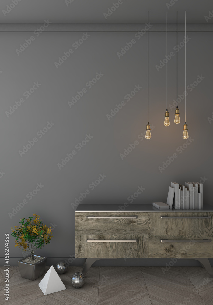 Fototapeta premium Mock up black wall interior background, 3d render