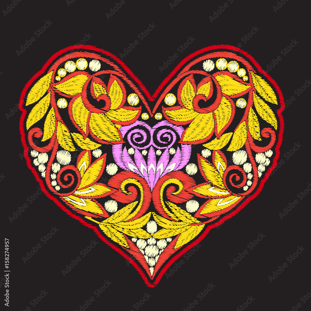 Embroidery with patterned love heart on black background
Stock vector illustration.