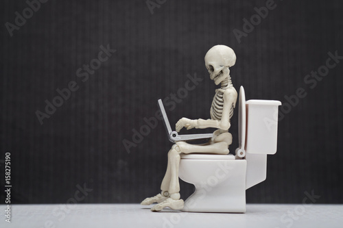 A skeleton working with his laptop while sitting on water closet