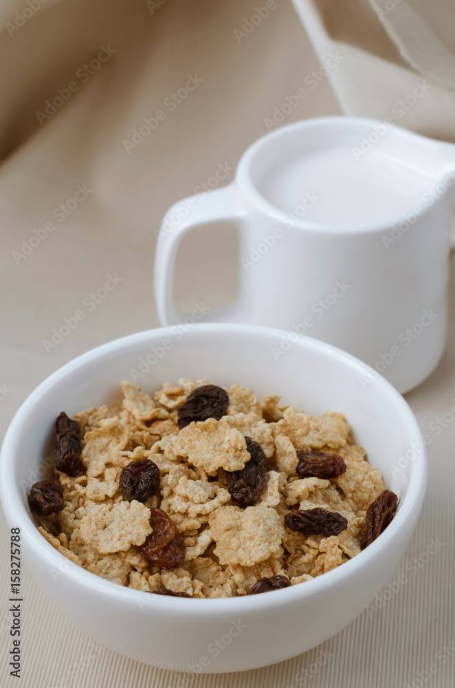 Cereal and Raisin with Milk for Breakfast Meal. Cereal and Raisin with Milk for Breakfast Meal.