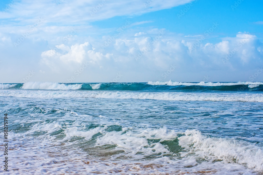 Fototapeta premium Storm wave in sun day on the ocean.