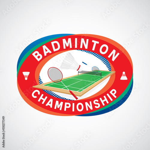 Badminton championship badge design with racket shuttlecocks and court.