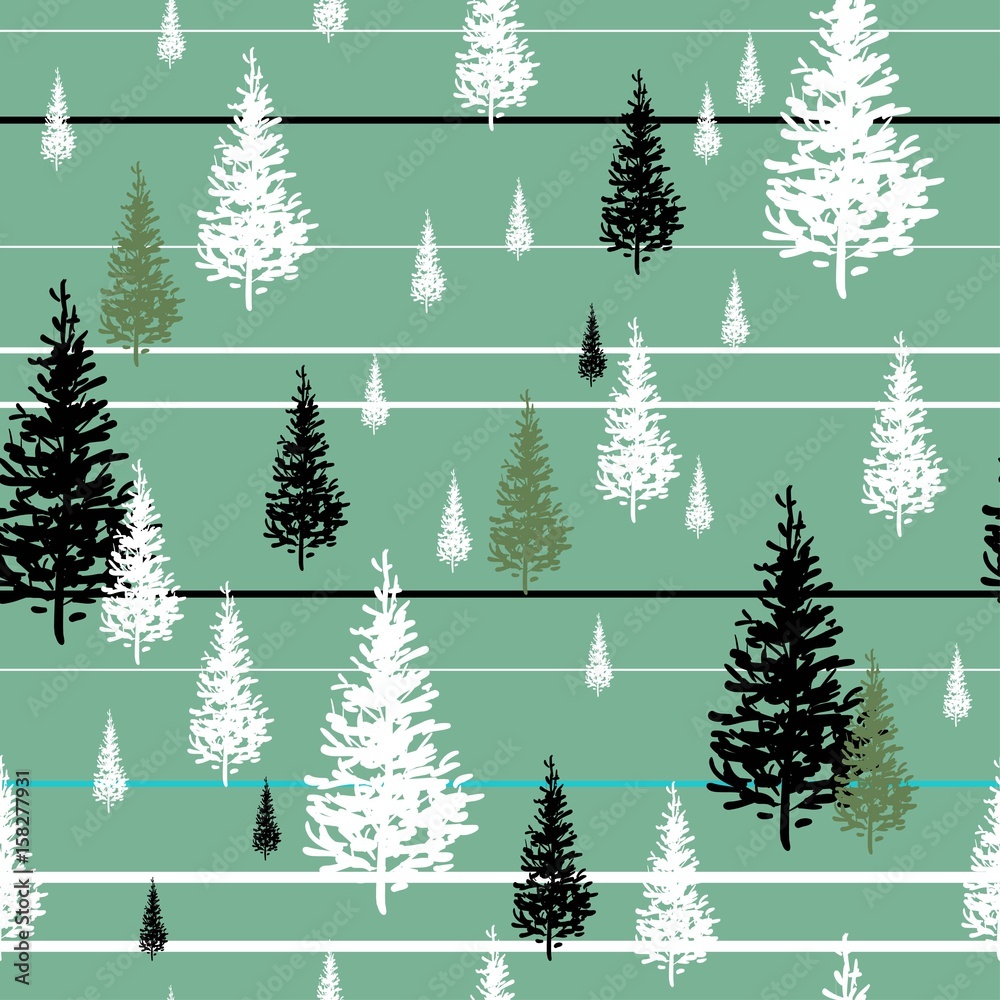 Fototapeta premium Fir trees white, black and green isolated on pale green background with stripes, seamless vector pattern