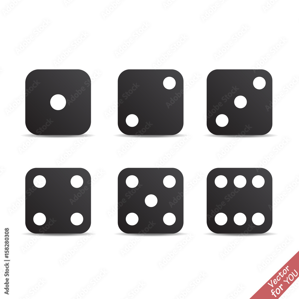 Six black dice cubes Six black dice cubes