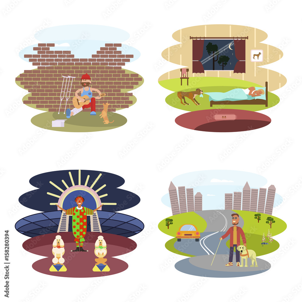 People with Dogs set. Flat Cartoon Character of pet and his owner. Colorful Vector Illustration eps 10