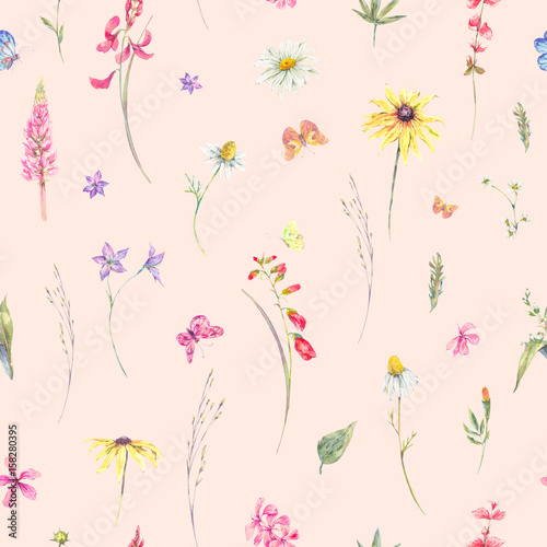 Watercolor seamless pattern with wildflowers