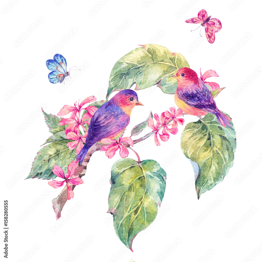 Watercolor pink flowers, leaves, twigs and birds
