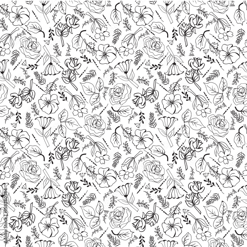 pattern of flowers hand-drawing collection black and white flowers and plants