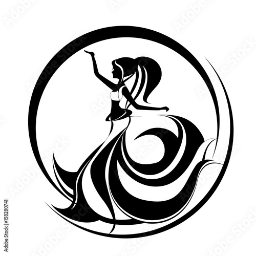 Beautiful girl dancing belly dance. Oriental dancing logo. Abstract illustration of long haired woman dancing show exotic dance.