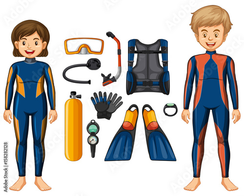 Scuba divers and different equipments